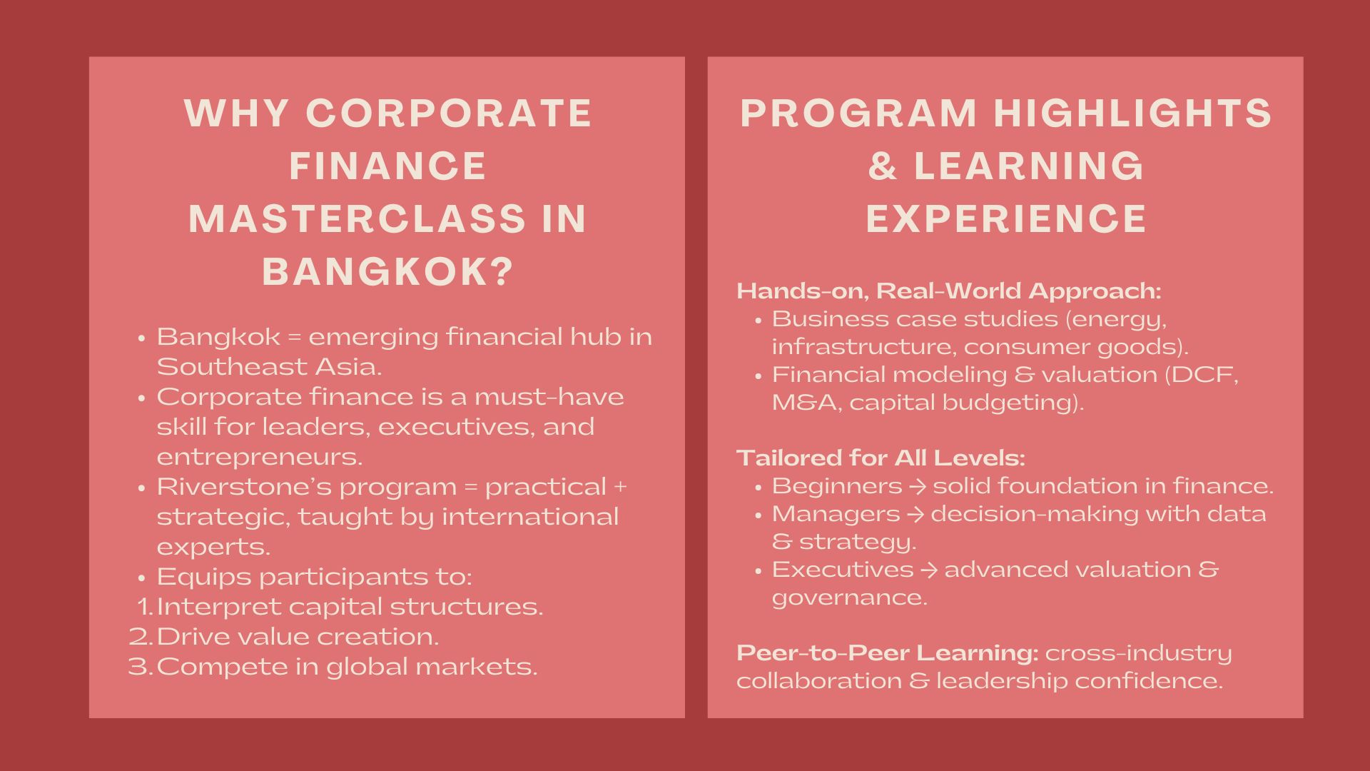 Highly Rated Corporate Finance Masterclass in Bangkok